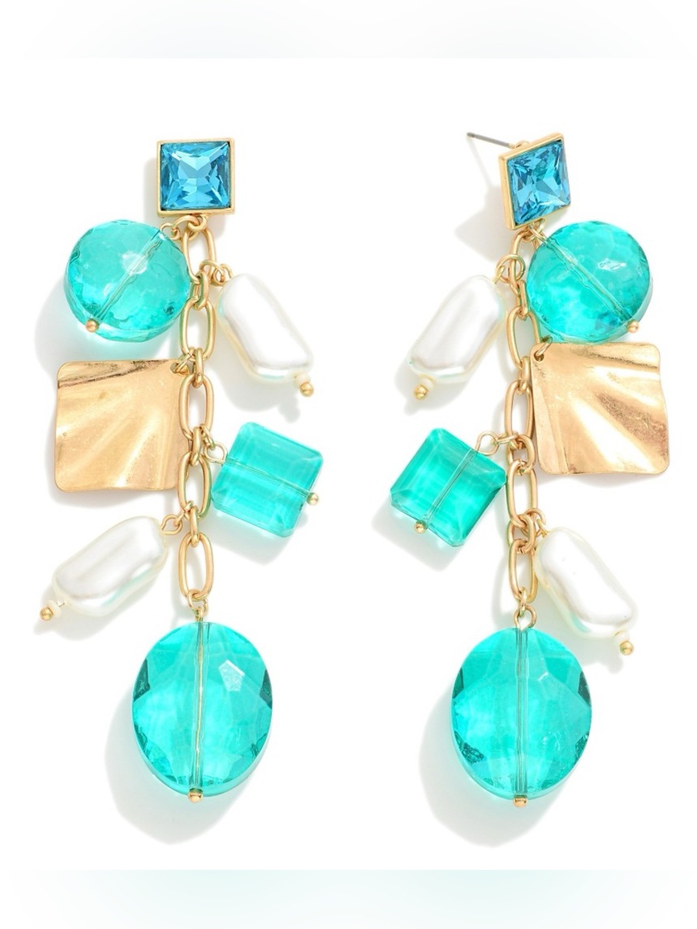 Gold Chain Drop Earrings with Turquoise Blue Beads and Pearlescent Accents